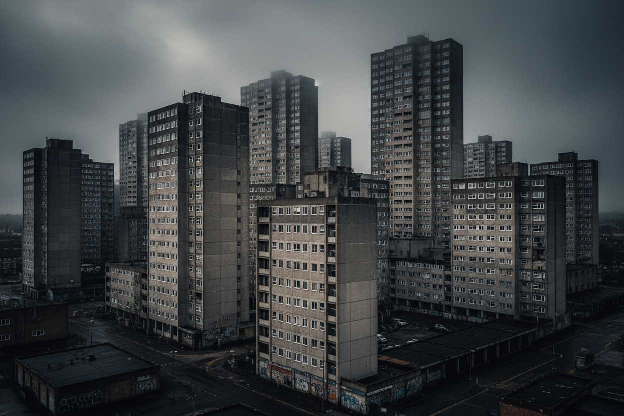 uk urban city blocks of flats landscape, dark aesthetic 